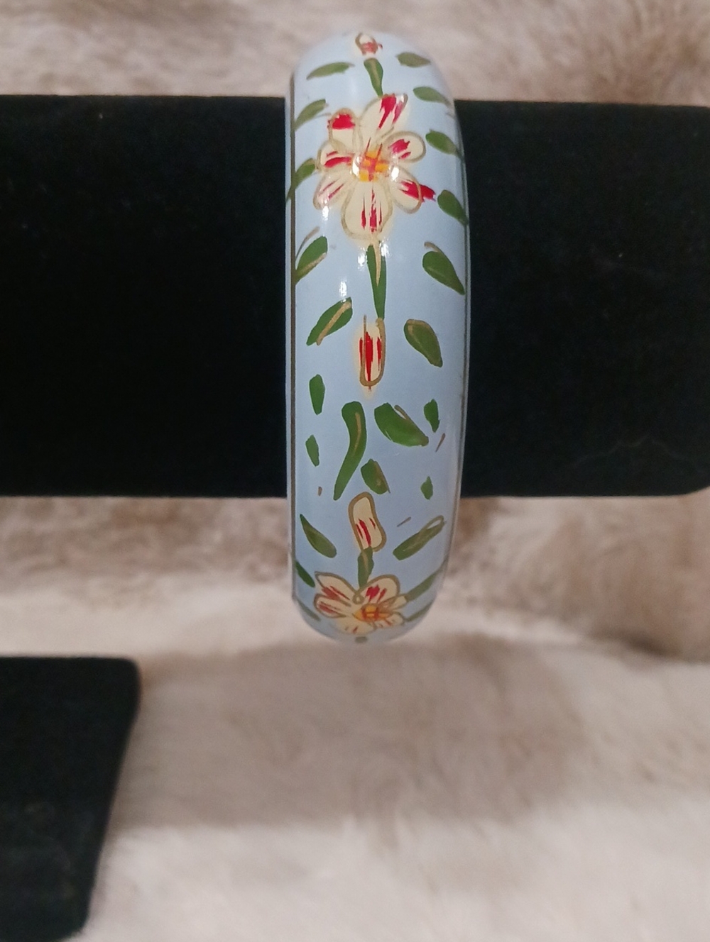 Hand-Painted Floral Light Blue Woden Bangle Bracelet
